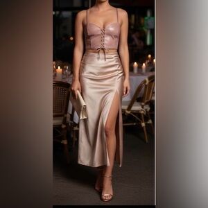 Lace-Up Faux Leather Crop Top - Pink